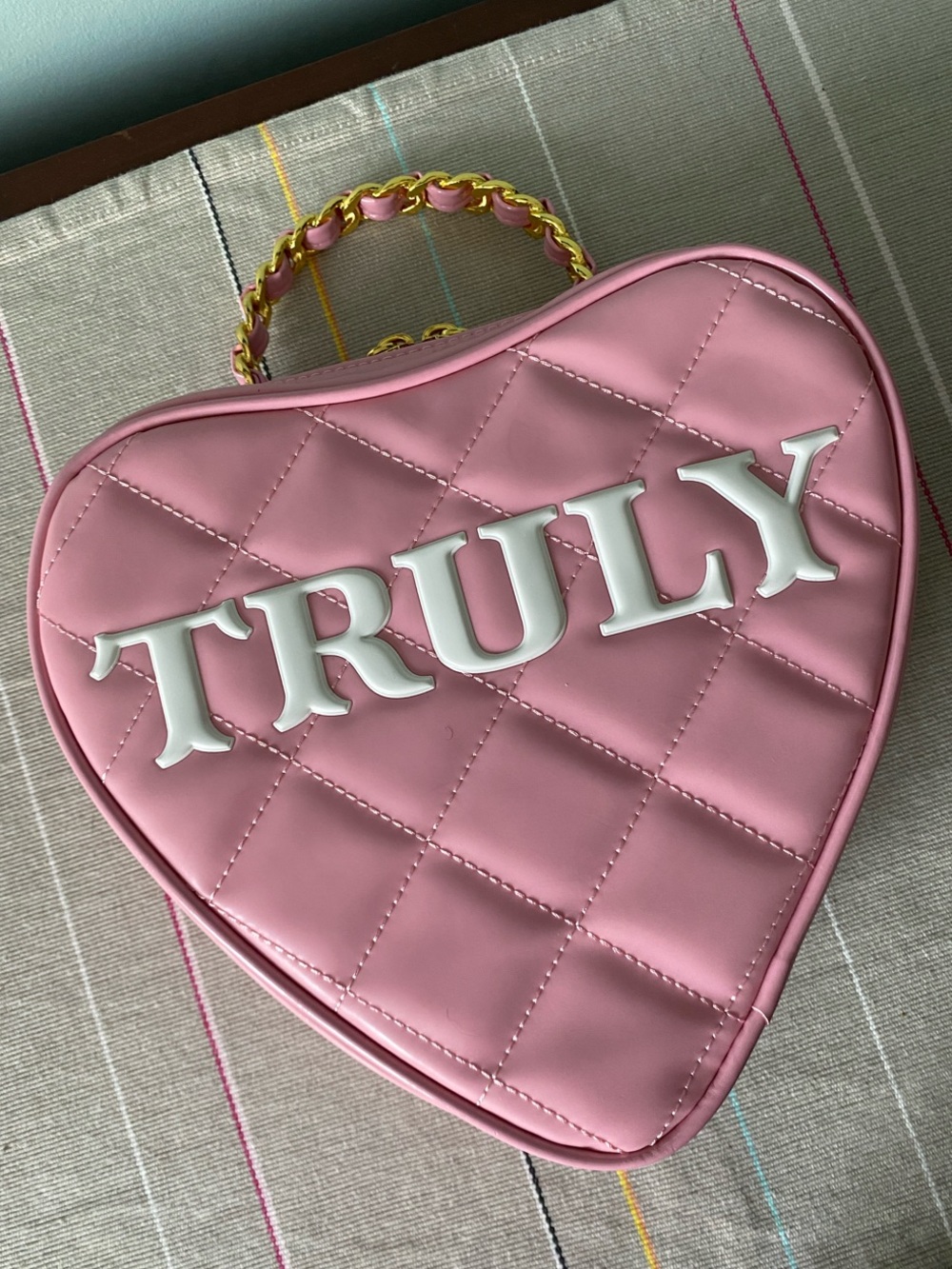 TRULY Pink Quilted Heart Top Handle Bag with Gold Chain